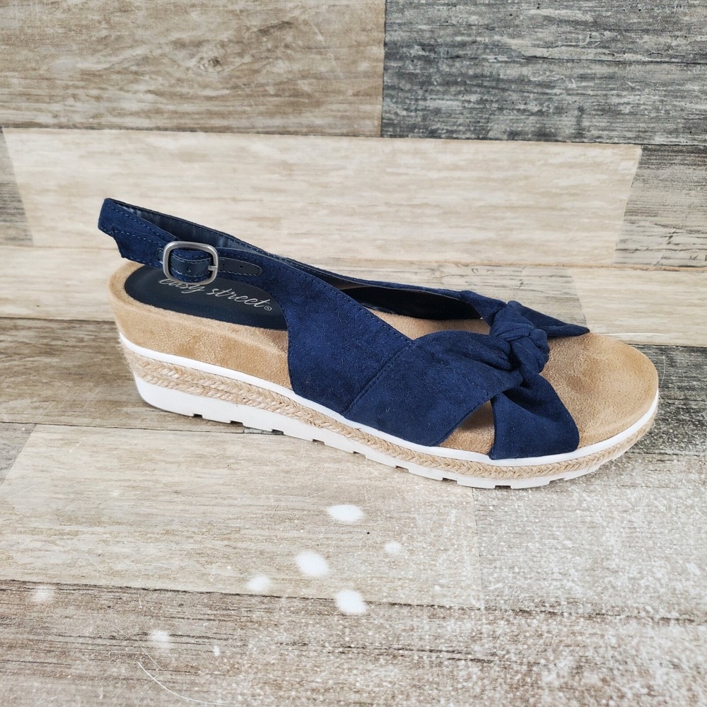 Easy Street Womens Dot Wedge Sandal Sz 9.5 N Navy Blue Suede Slingback